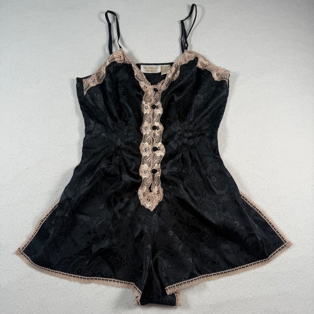 Vintage Victorias Secret Gold Label Black Satin Floral Jacquard Lace Teddy S